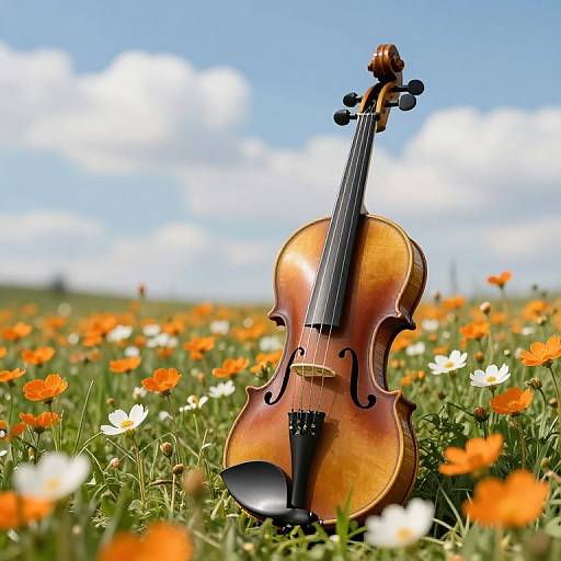 Photograph of a wooden violin standing upright in a vibrant field of orange and white wildflowers under a bright blue sky with fluffy clouds.