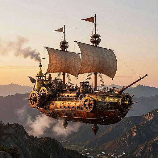 Steampunk Airship Over Rugged Mountains