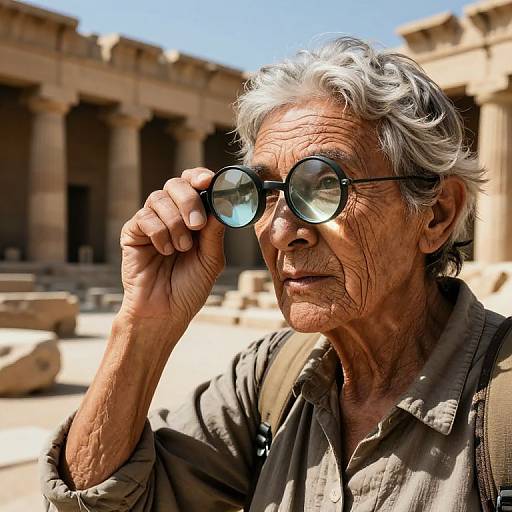 Photograph of an elderly man with gray hair, wearing round glasses and a brown shirt, standing in front of ancient stone columns. He looks through his