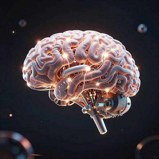 Digital CGI image of a glowing, intricately detailed, mechanical human brain with neon lights and gears against a dark, starry background.