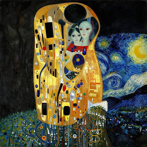 Gustav Klimt-style painting of a golden, mosaic-patterned figure with two white-faced women, against a swirling blue and yellow night sky