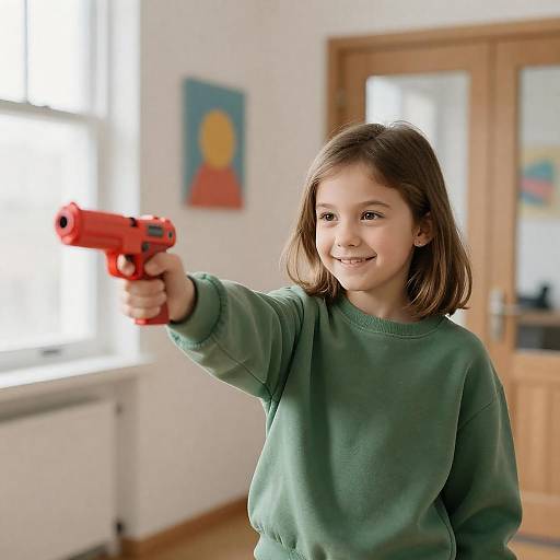 Smiling Girl Pointing Red Toy Gun