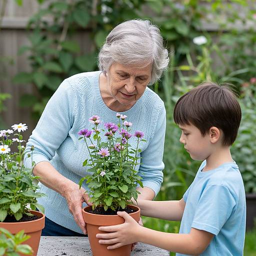 Photograph of elderly woman with gray hair, wearing light blue sweater, teaching young boy with dark hair, in matching blue shirt, about gardening with p