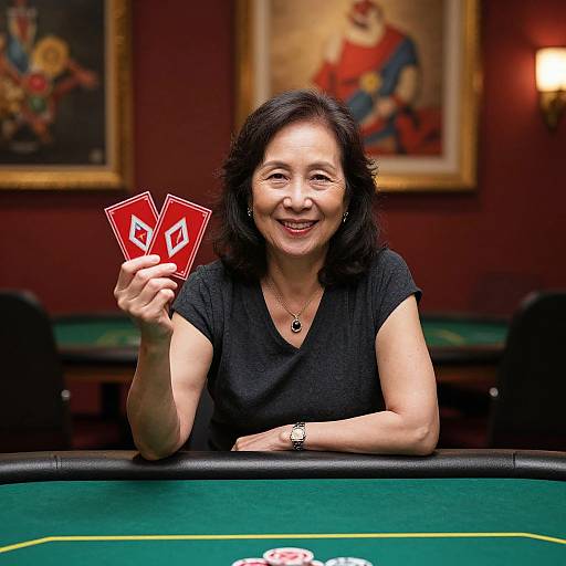 Photograph of a smiling Asian woman with black hair, wearing a black shirt, holding two red diamond poker cards at a green-felt casino table.