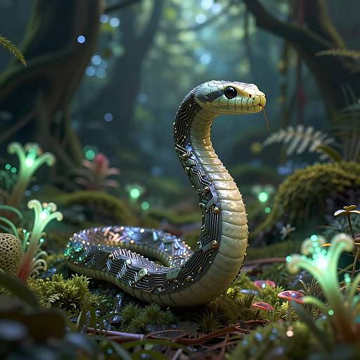 Robotic Serpent in Bioluminescent Jungle
