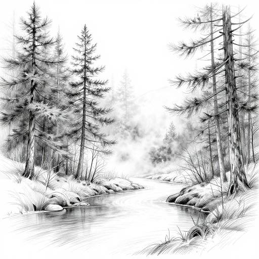 Monochromatic pencil drawing of a snowy forest with tall, sparse pine trees, a calm reflecting stream, and grassy banks.