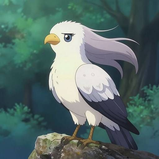 Digital anime-style drawing of a white bird with purple-tipped wings and yellow beak, standing on a mossy rock in a dark, forested