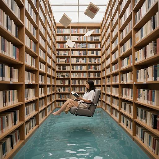 Photograph: Asian woman in white shirt, black shorts, reading in floating chair, surrounded by wooden bookshelves, submerged in blue water, books
