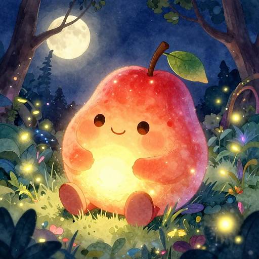 Whimsical digital illustration of a glowing, smiling red apple with a leaf, sitting in a moonlit forest, surrounded by twinkling fireflies and