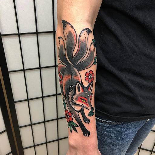 Stylized Fox Tattoo with Floral Accents