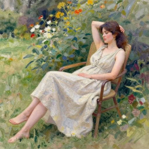 Impressionist painting of a fair-skinned woman with brown hair, wearing a white floral dress, seated in a wicker chair, surrounded by vibrant