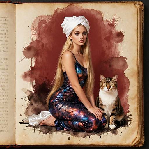 Parchment Portrait: Galaxy Dress Girl on Cat