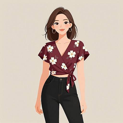 Chic Woman in Floral Maroon Blouse