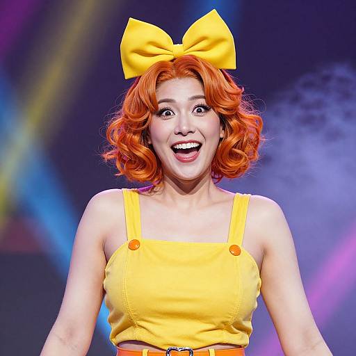 Photograph of a vibrant redhead woman with curly hair, wearing a yellow bow and matching yellow crop top, smiling brightly against a colorful, blurred stage background