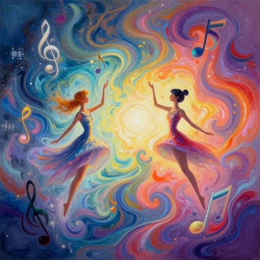 Digital painting of two silhouetted dancing women, one in blue and one in red, surrounded by swirling, colorful musical notes and vibrant, abstract