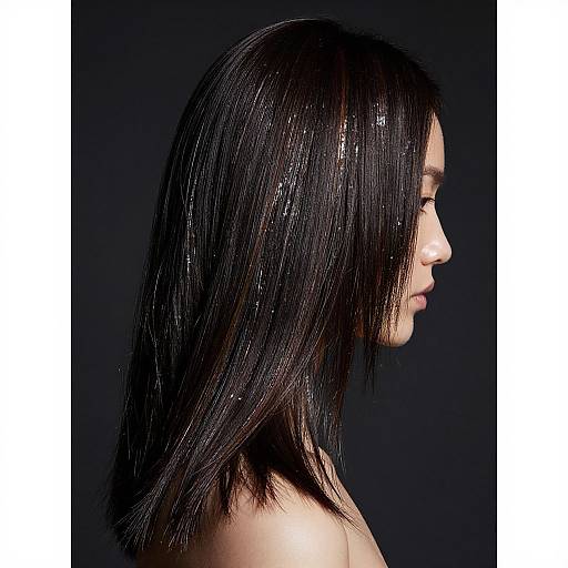 Photograph of an Asian woman in profile, showcasing long, straight black hair with subtle highlights, against a dark background.