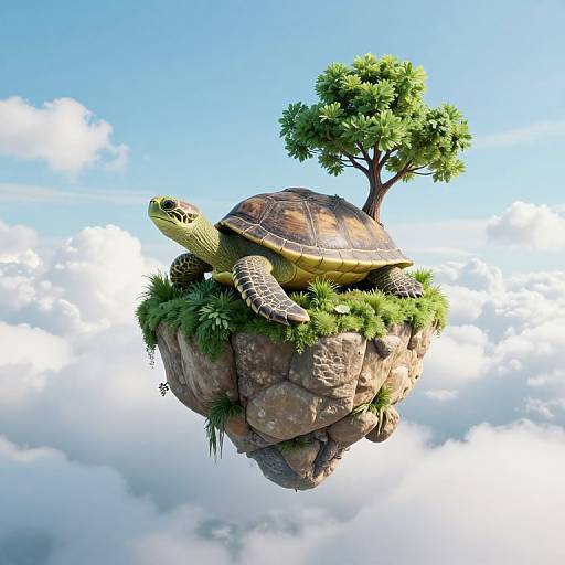 Digital illustration of a turtle floating in the sky on a rocky island with grass and a small tree, against a bright blue sky with white clouds.