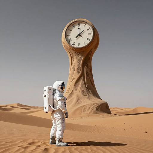 Photograph of an astronaut in white space suit standing in orange desert with a surreal, large, clock-shaped rock in the background under clear blue sky.