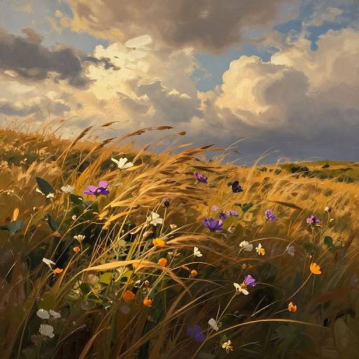 Vibrant digital painting of a golden field with swaying grass, purple and orange wildflowers, under a dramatic, cloudy sky.
