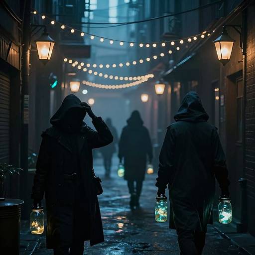Moody photograph of two silhouetted people in winter coats, carrying lanterns, walking down a cobblestone alley adorned with string lights.