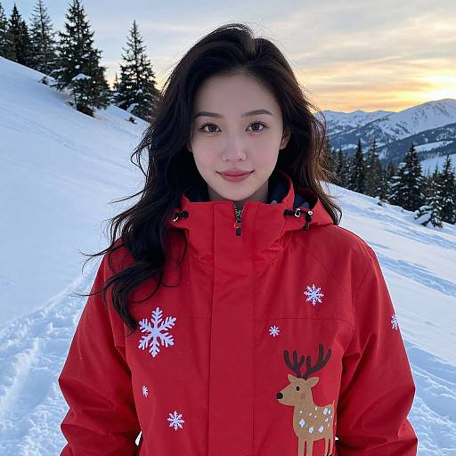 Photograph of an Asian woman with long black hair, wearing a red winter jacket with snowflake and reindeer embroidery, standing in a snowy, mountain