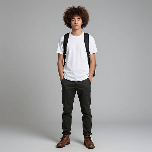 Photograph of a young boy with curly brown hair, wearing a white t-shirt, black pants, brown shoes, and a black backpack, standing against