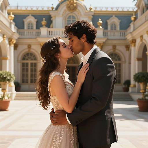 Passionate Embrace in Royal Courtyard