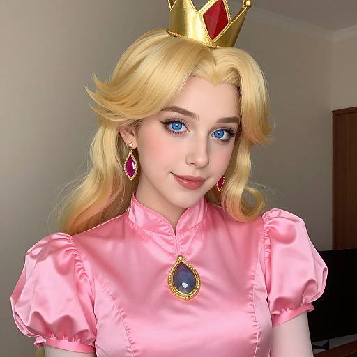 Digital portrait of a blonde woman with blue eyes, wearing a pink satin dress, golden crown, red teardrop earrings, and blue gem necklace,