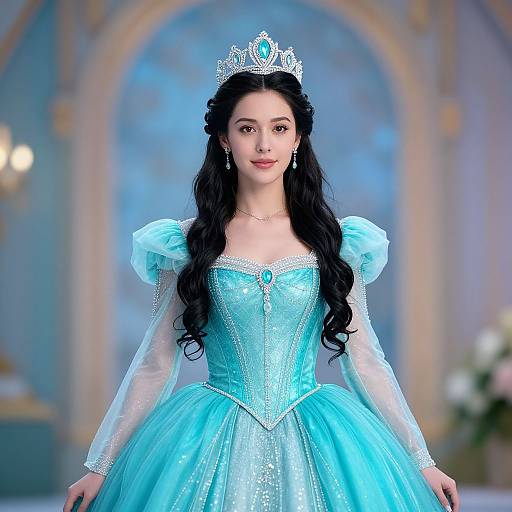 Photograph of a beautiful young woman with long black hair, wearing a turquoise princess gown with puffed sleeves, and a silver tiara, standing in