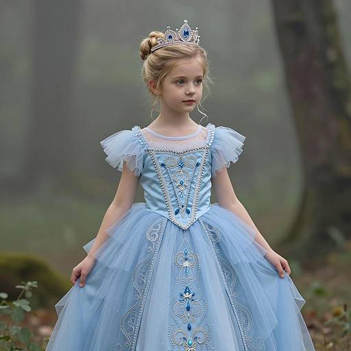 Young Girl in Blue Princess Gown with Silver Crown