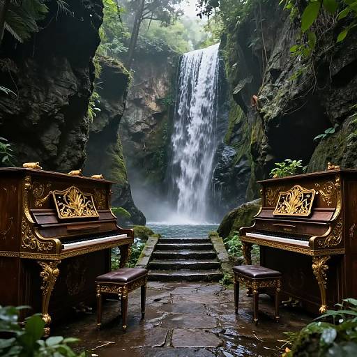 Photograph of two ornate, gold-accented pianos facing a misty waterfall in a lush, forested canyon with stone steps and moss