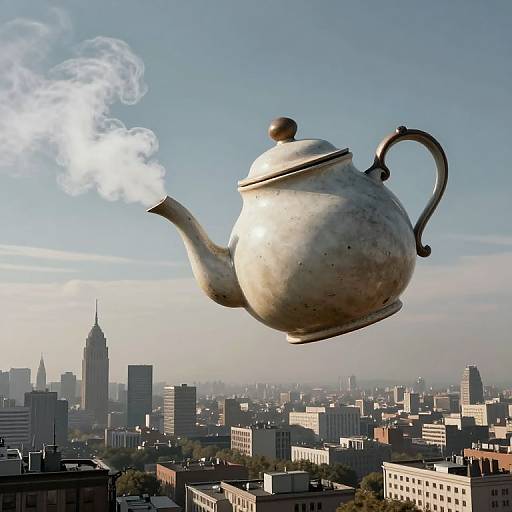 Photograph of a giant, steaming silver teapot hovering above a cityscape with skyscrapers and modern buildings under a clear blue sky.