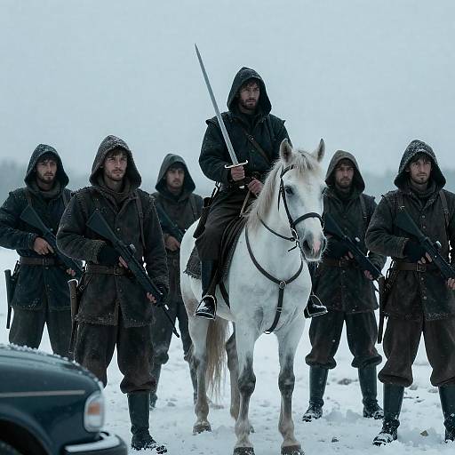Armed Men and Rider in Snowy Landscape