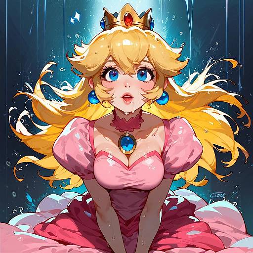 Digital anime-style illustration of Princess Peach with large blue eyes, golden blonde hair, pink dress, crown, and blue jewels, set against a dark,