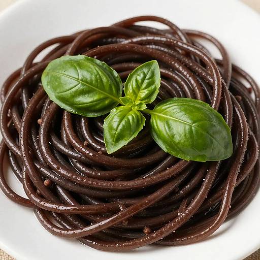 Photograph of dark, glossy, wet spaghetti noodles topped with three fresh, vibrant green basil leaves, arranged on a white plate.