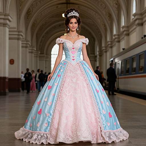 Photograph of a dark-haired woman in a light blue, lace-embellished ball gown with pink hearts, wearing a tiara, standing in