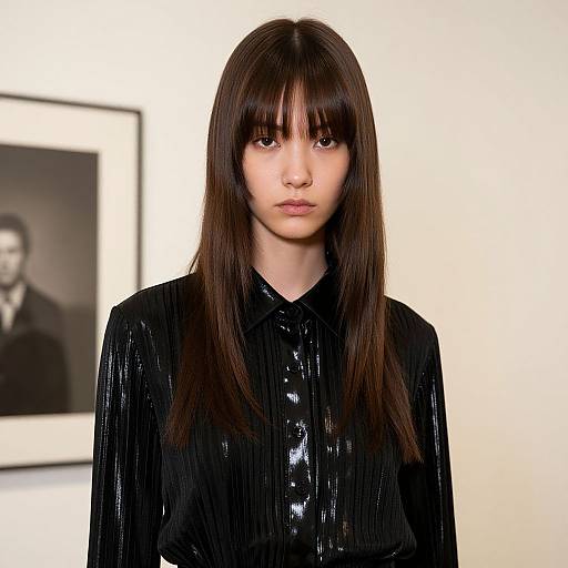 Photograph of a young woman with straight, dark brown hair and bangs, wearing a shiny black pinstriped blouse, standing in front of