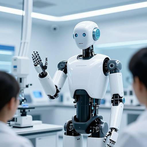 Photograph of a white humanoid robot with blue eyes, black joints, and raised hand in a brightly lit, modern lab, interacting with two blurred,