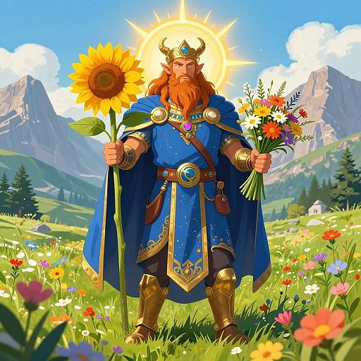 Digital illustration of a bearded king with a horned crown, blue robe, gold armor, holding sunflower and colorful bouquet, standing in a vibrant