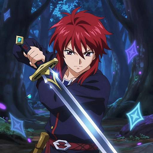 Anime-style illustration of a red-haired, determined warrior with glowing blue sword, black jacket, and forest background with glowing star shapes.