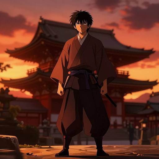 Anime-style drawing of a black-haired samurai in traditional robes, standing confidently at sunset in front of a traditional Japanese temple.