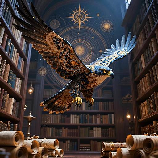 Arcane Embroidered Falcon in Magical Library