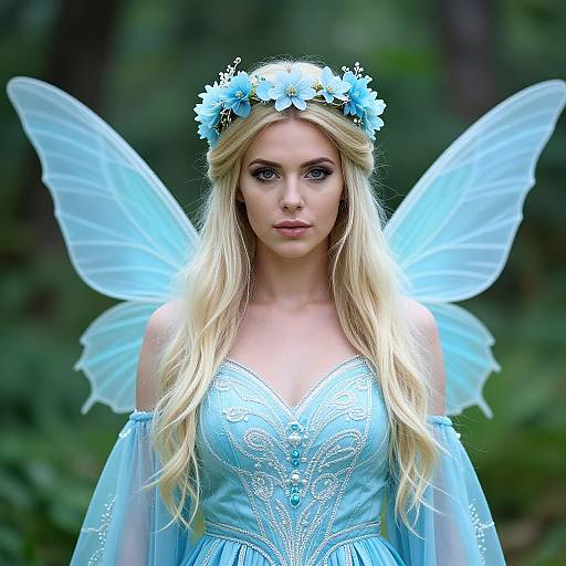 Photograph of a blonde fairy with blue flower crown, translucent wings, and light blue, intricately embroidered dress, standing in a forest.