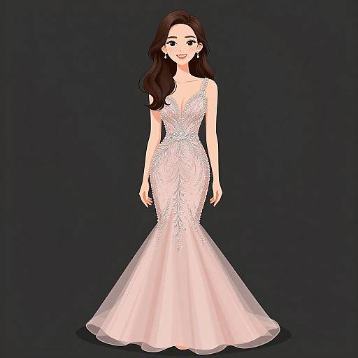 Digital illustration of a smiling woman with long brown hair wearing a sparkling, form-fitting, white mermaid-style evening gown against a dark blue background.