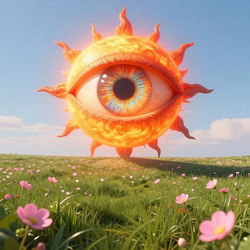 Digital art: A fiery, glowing eye with vibrant orange flames and a detailed iris hovers above a green field with pink flowers under a clear blue sky