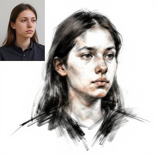 Photograph-comparison: Top left shows a young woman with light skin, brown hair, and neutral expression in a black shirt. Right side features a