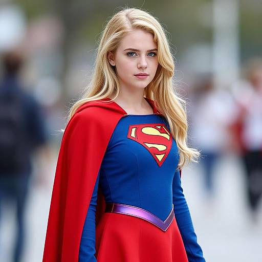 Photograph of a blonde woman in a Superman costume with a red cape, blue bodysuit, and yellow 