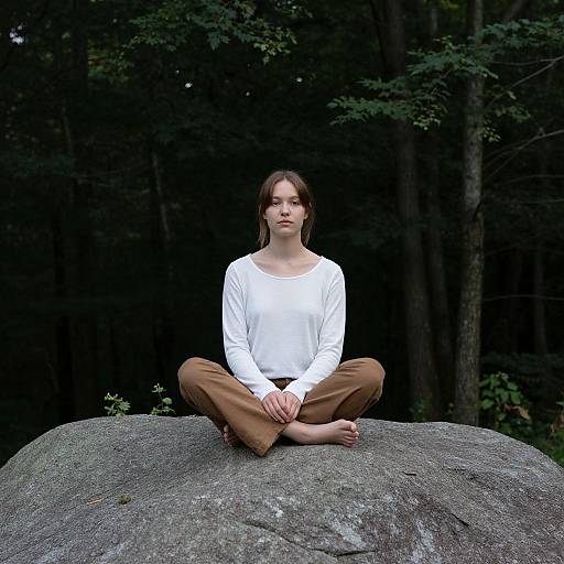 Photograph of a young woman with fair skin and brown hair, sitting cross-legged on a rock in a dark forest, wearing a white long-slee