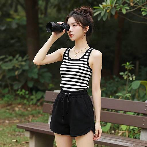 Young Asian woman with fair skin, dark hair in a bun, wearing a black-and-white striped tank top and black shorts, uses binoculars in