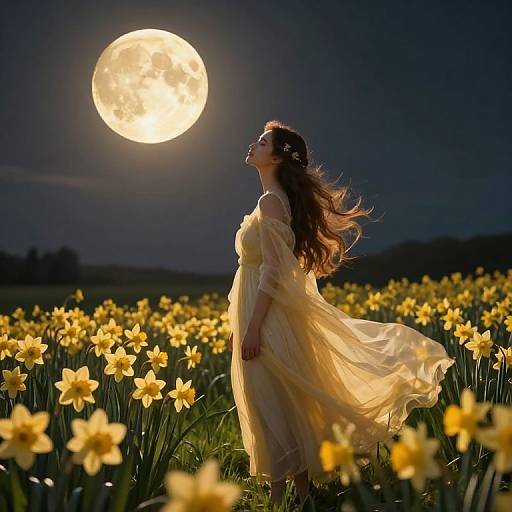 Dreamer in Moonlit Daffodil Field